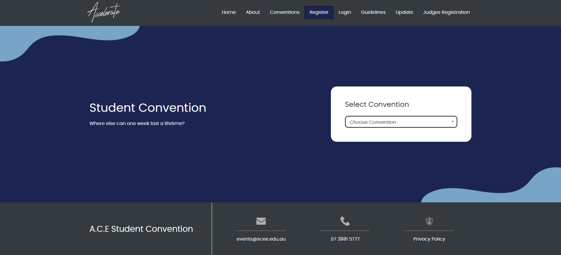 Screenshot of the Accelerate Convention Portal login and registration page.
